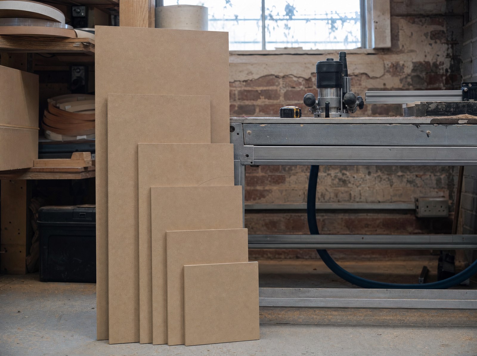 AI-generated illustration: graduated cut-to-size MDF panels stacked against a stainless-steel workbench, used as a workshop reference for bespoke MDF infill and slab fronts.