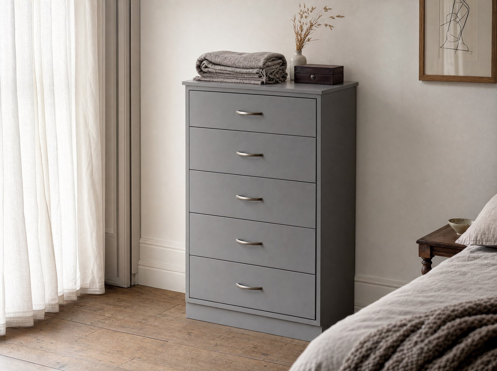 AI-generated illustration: a five-drawer painted slate-grey drawer stack with brushed-nickel D-bar handles, used as a drawer-unit proportion reference until a real Manx commission can be photographed.