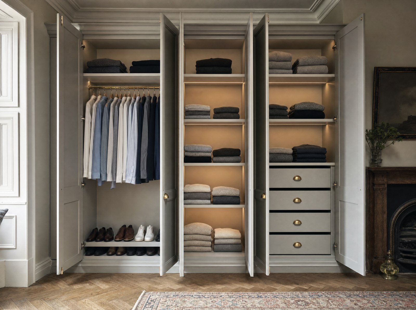 AI-generated illustration: a fitted floor-to-ceiling wardrobe with doors open showing a hanging bay, folded-jumper shelves and felt-lined drawers — used as a wardrobe-interior layout reference.