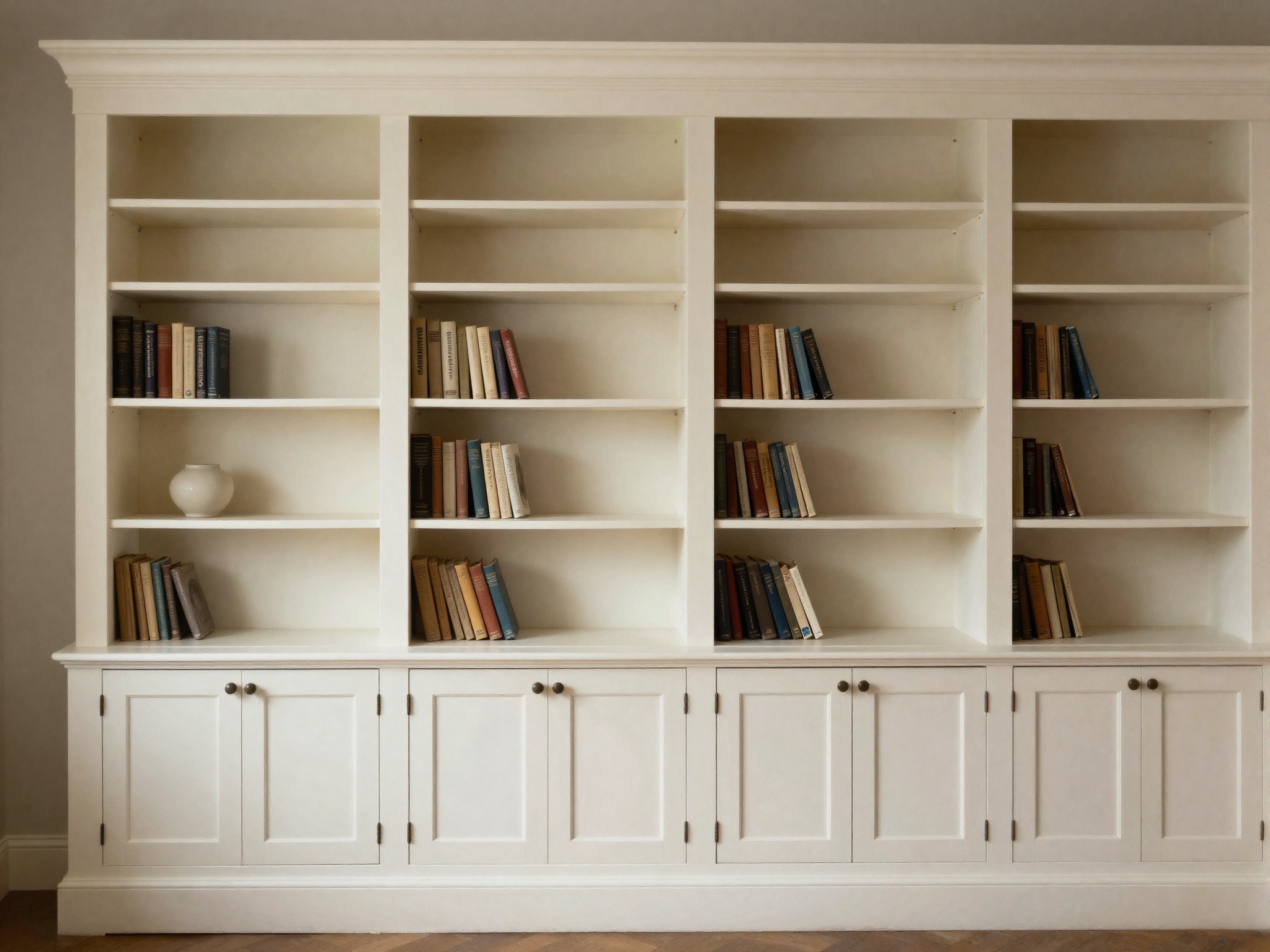 AI-generated illustration: wall-to-wall made-to-measure bookcase with base cupboards, tall open shelves and a wider central display bay.