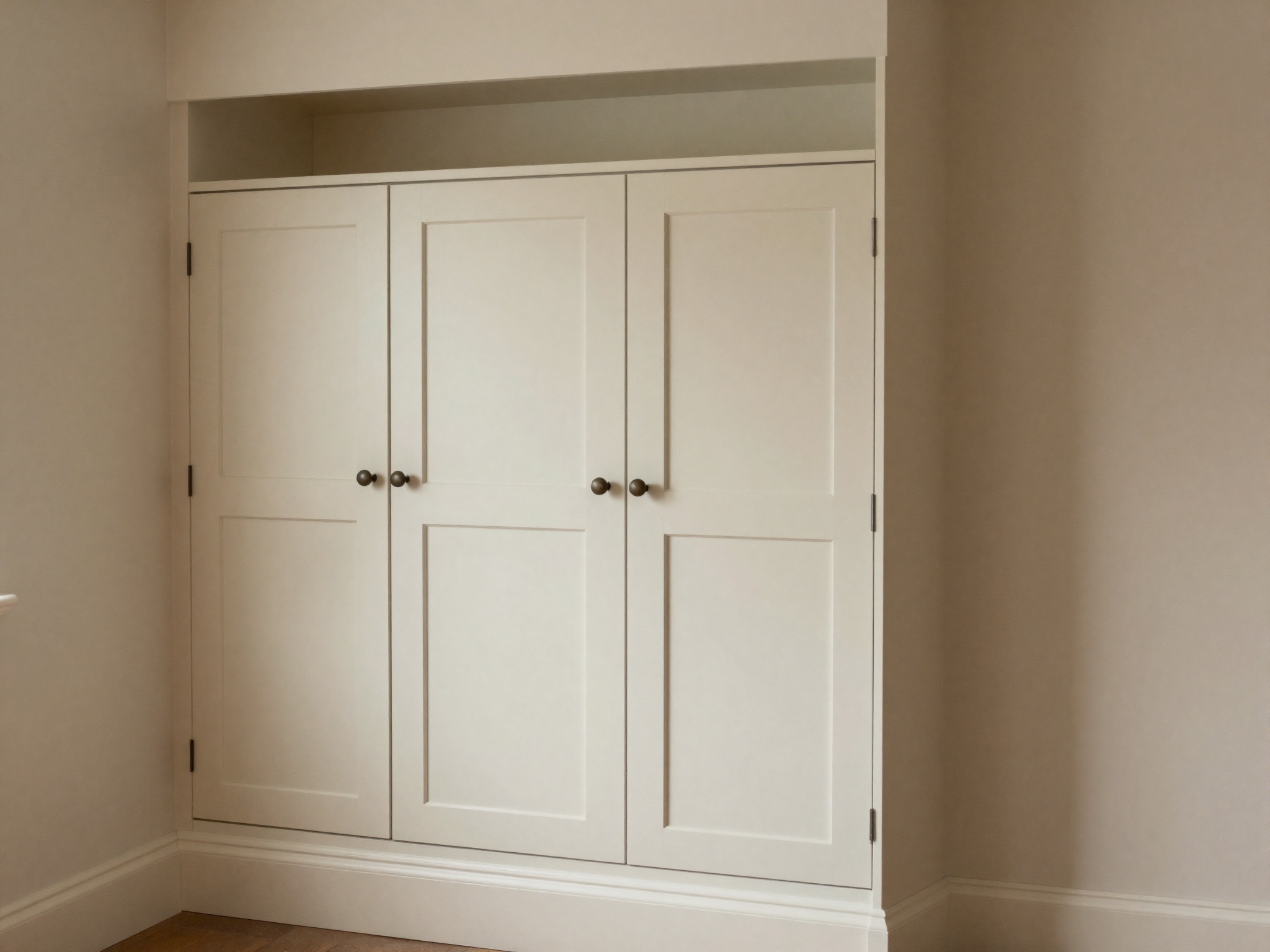 AI-generated illustration: fitted made-to-measure cupboards built into a shallow recess with four shaker doors and scribed fillers to both walls.