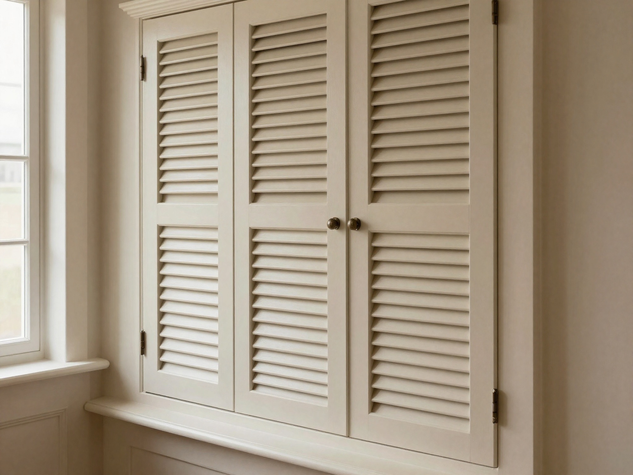 AI-generated illustration: decorative shutter-style fitted MDF panels with routed vertical grooves beside a window and low cupboard.