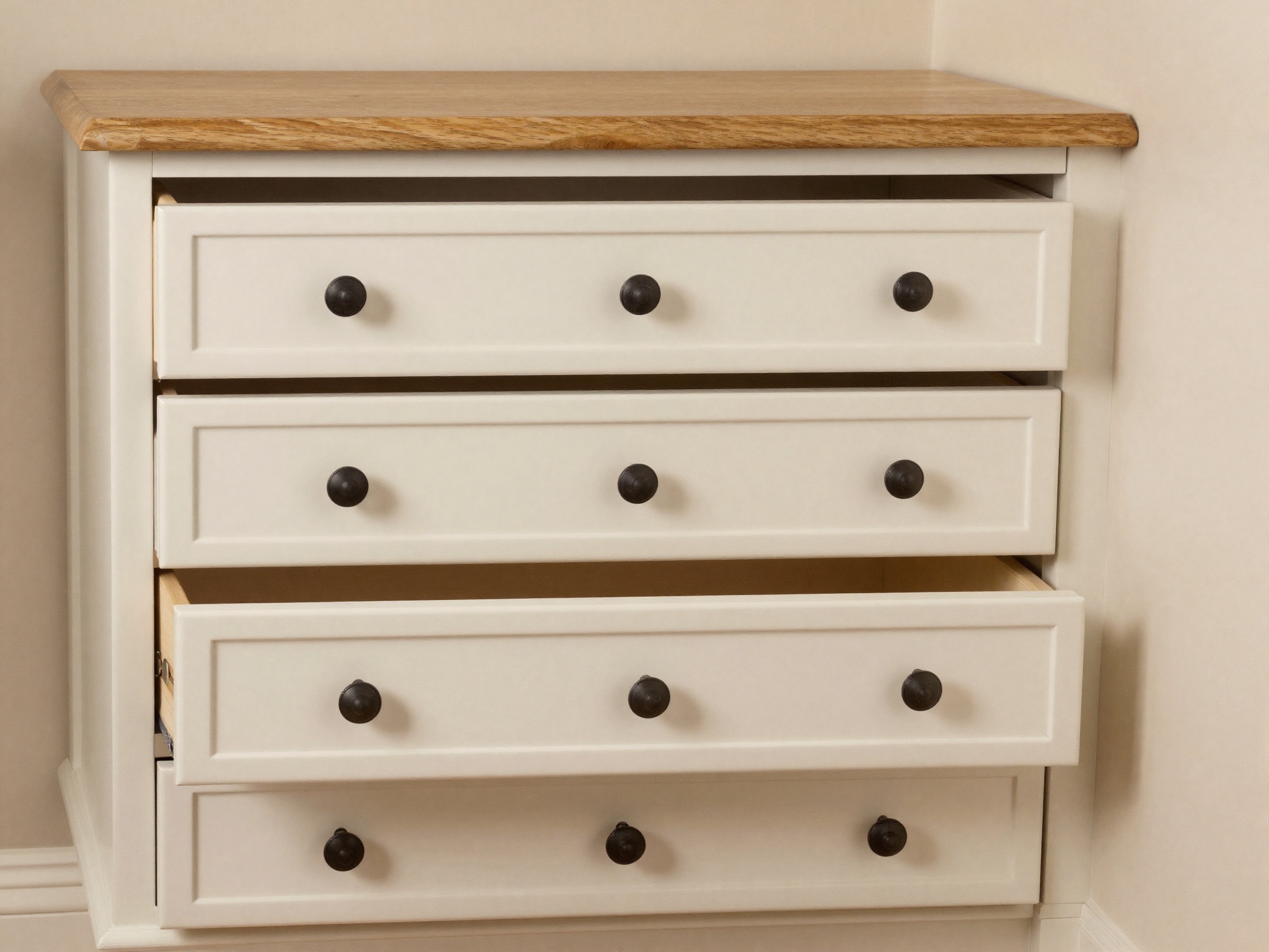 AI-generated illustration: a bespoke soft-close drawer unit with five graduated shaker fronts and one drawer open to show the timber interior.