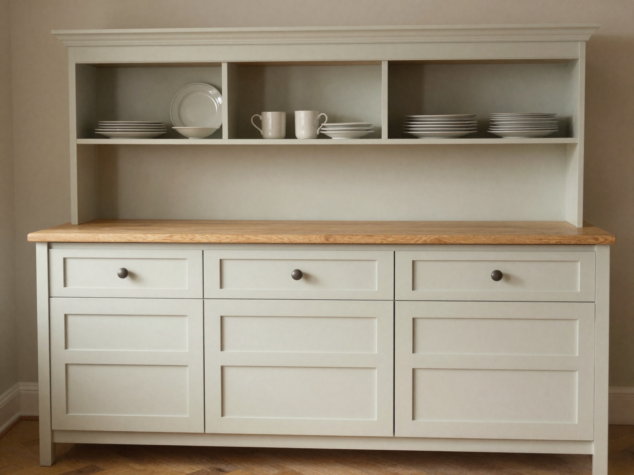 AI-generated illustration: a fitted dining dresser with lower cupboards and drawers, open display shelves and a pale oak worktop.