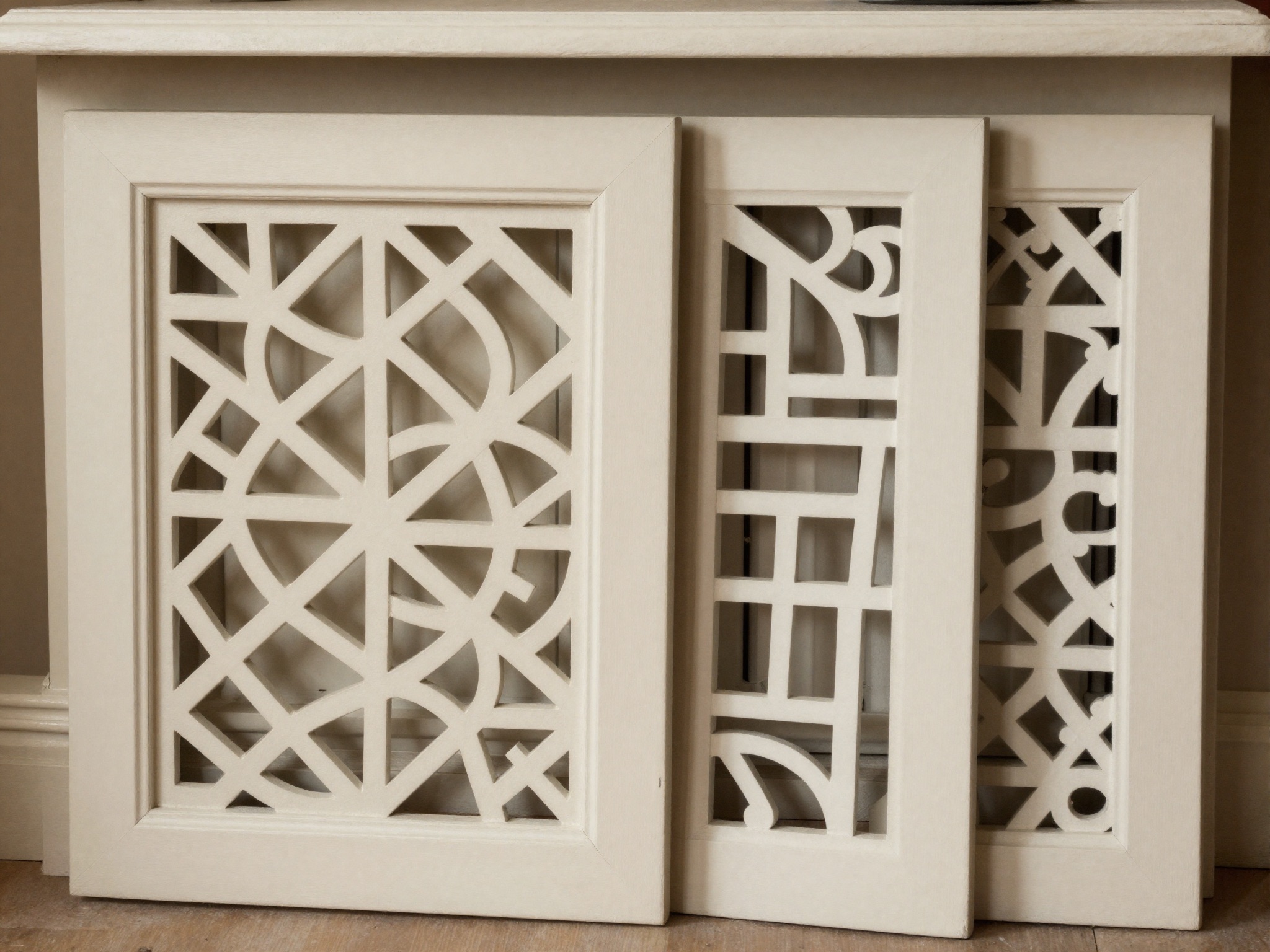 AI-generated illustration: decorative fretwork MDF grille panels fitted in a radiator cover and cabinet door with a freestanding sample.