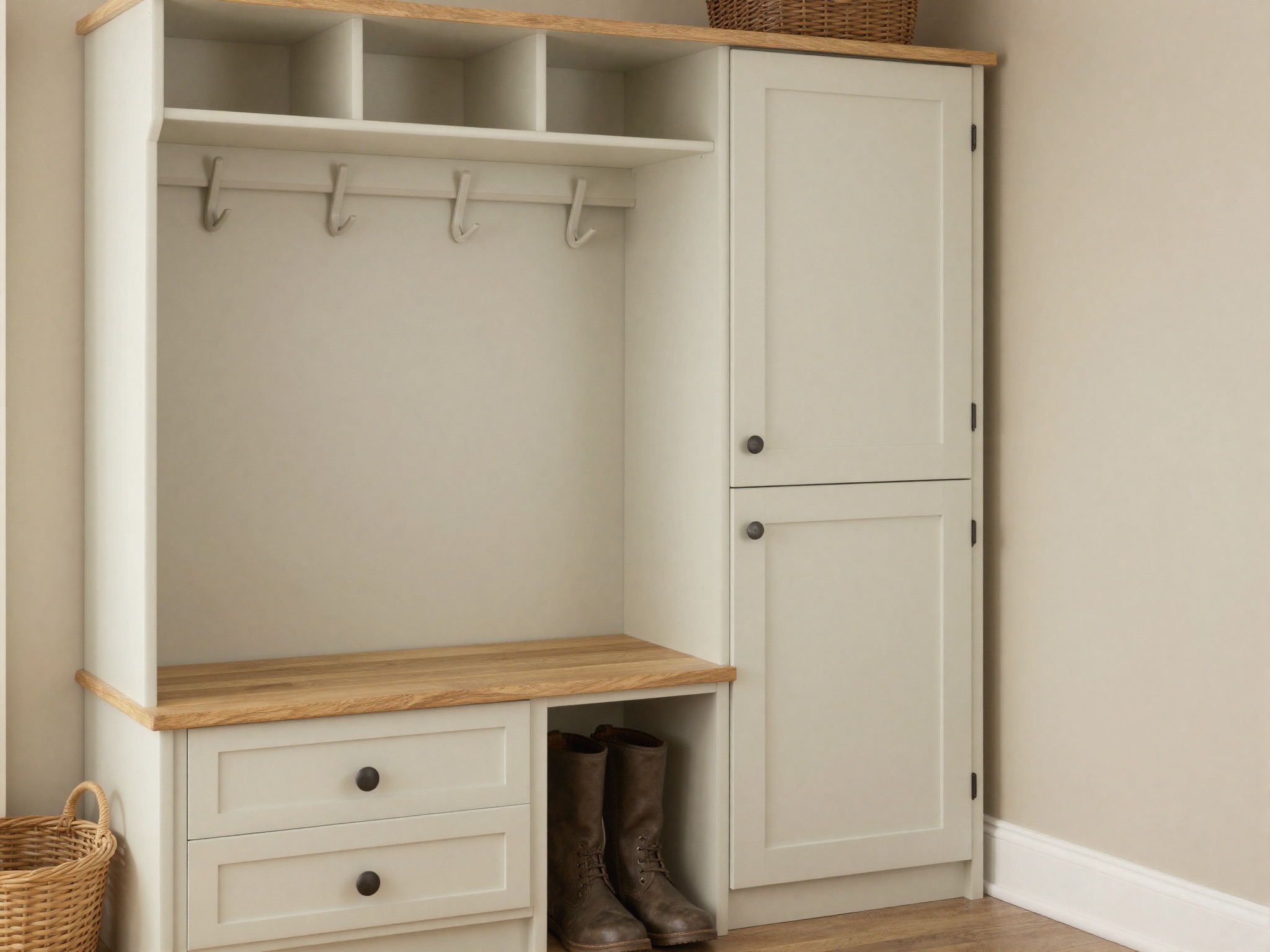 AI-generated illustration: bespoke hallway boot-room storage with an oak bench seat, shoe drawers, tall cupboard, hooks and cubbies.