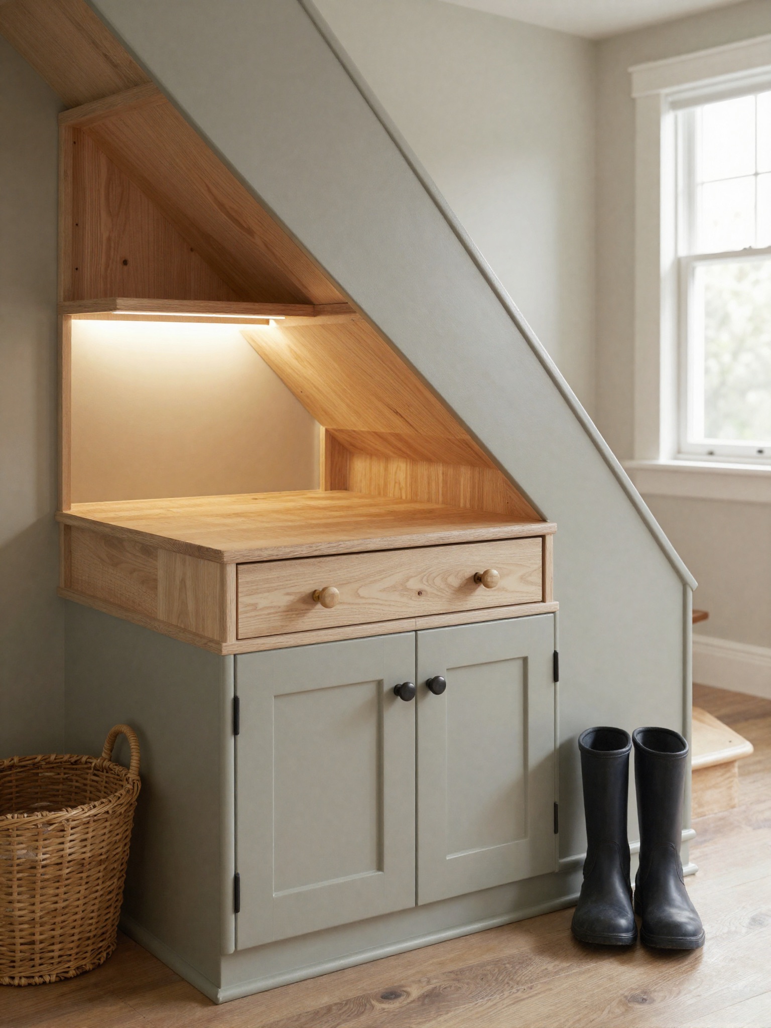 AI-generated illustration: an under-stairs nook with lit oak shelf, oak-topped drawer and sage cupboards in a family hallway.