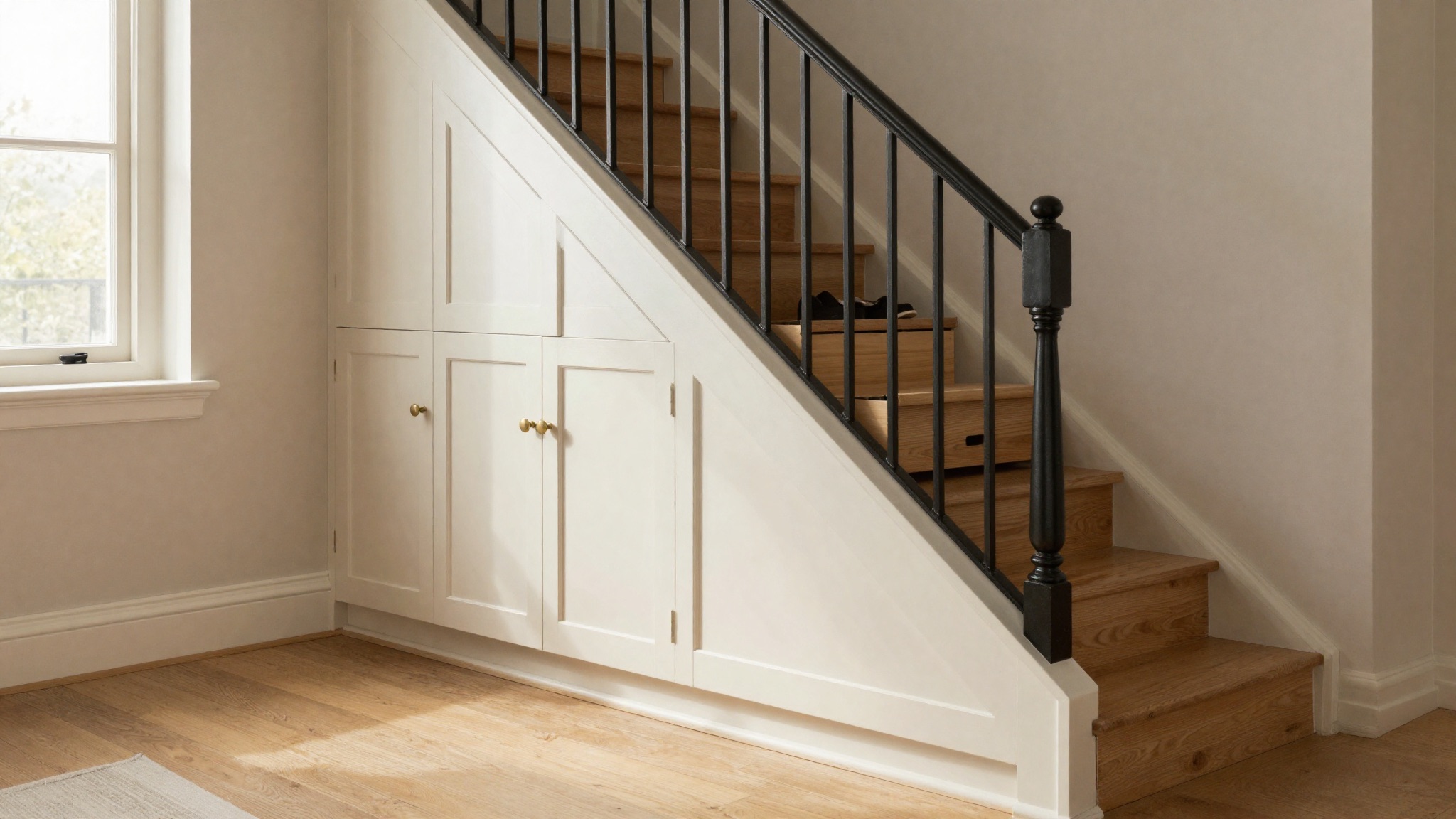 AI-generated illustration: a finished under-stairs storage installation in a Manx hallway with angled shaker doors following the stair rake.