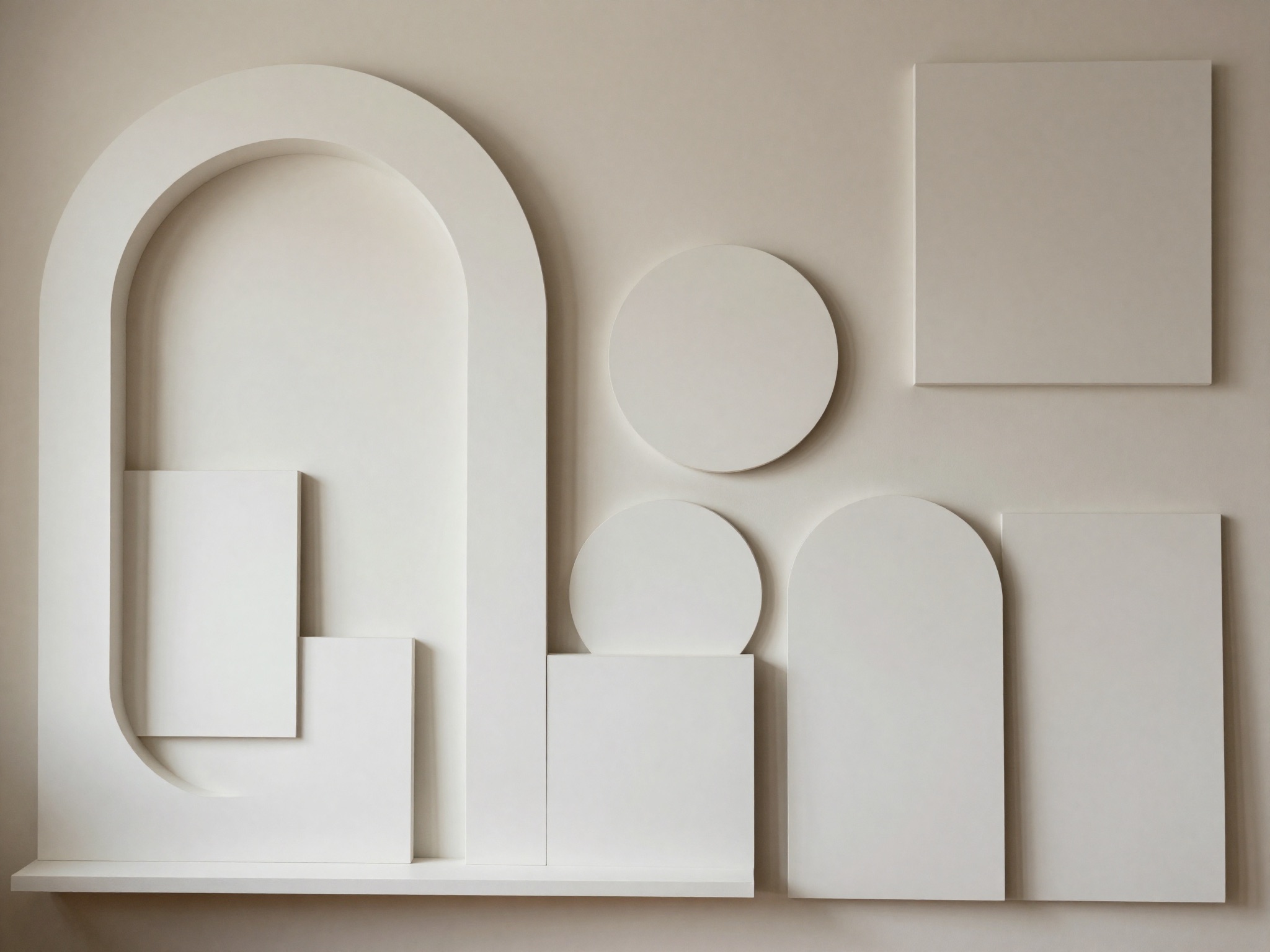 AI-generated illustration: bespoke routed MDF shapes including arch cutouts, rounded panels and scalloped sample boards.
