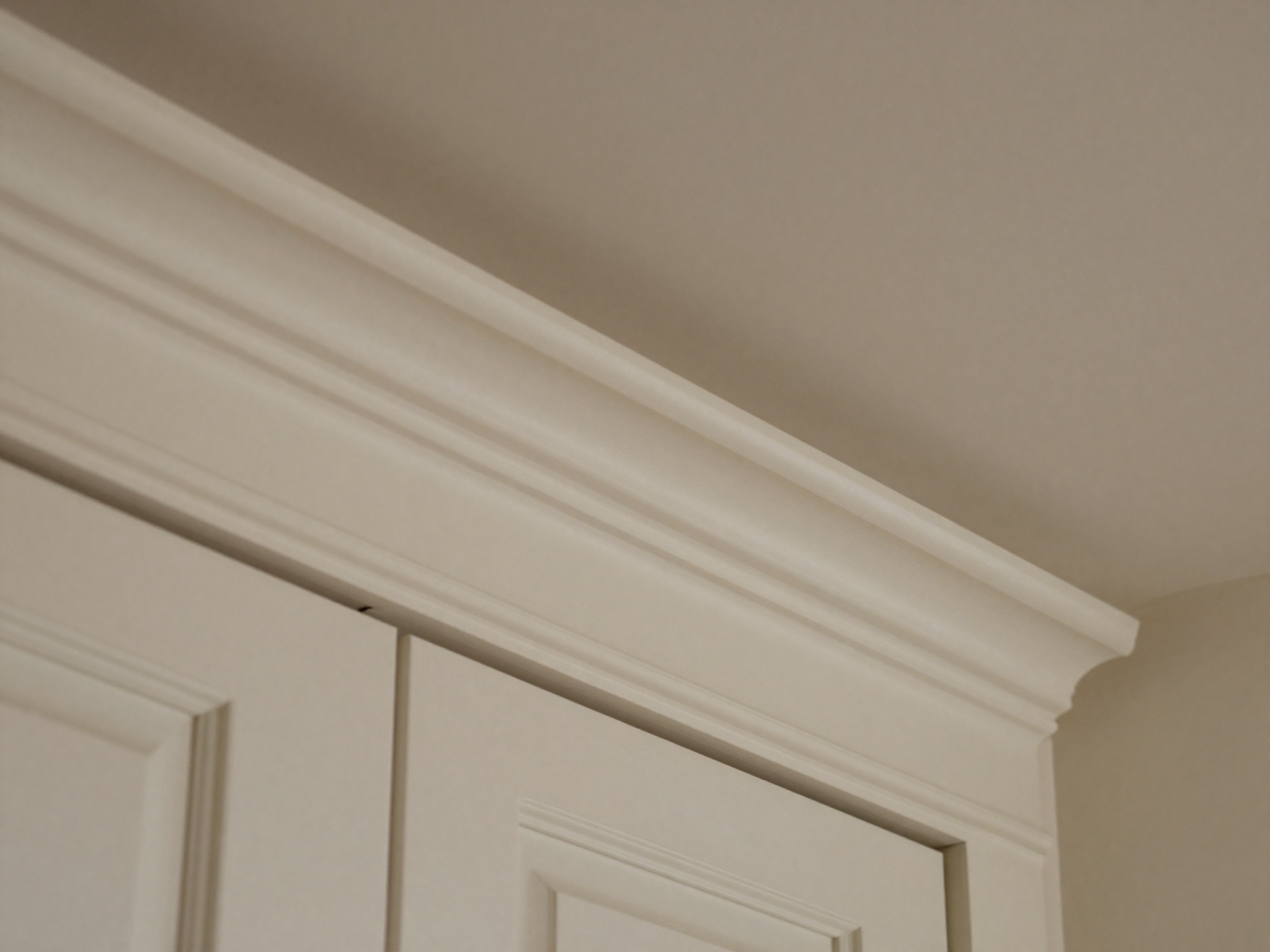 AI-generated illustration: made-to-measure pelmet and cornice trim above fitted cabinetry and a window recess.