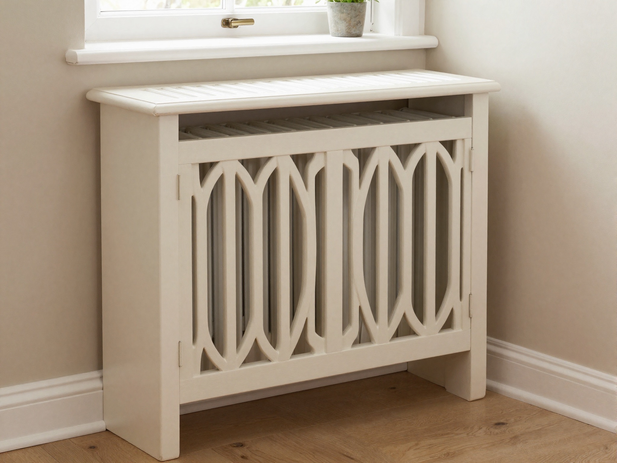 AI-generated illustration: a bespoke radiator cover under a window with a decorative fretwork grille and narrow display shelf.