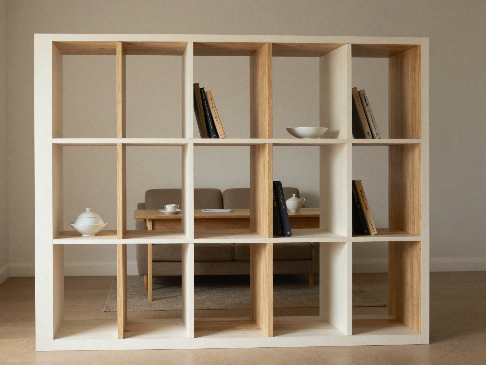 AI-generated illustration: a made-to-measure open-shelving room divider with asymmetric cubbies zoning a living and work space.