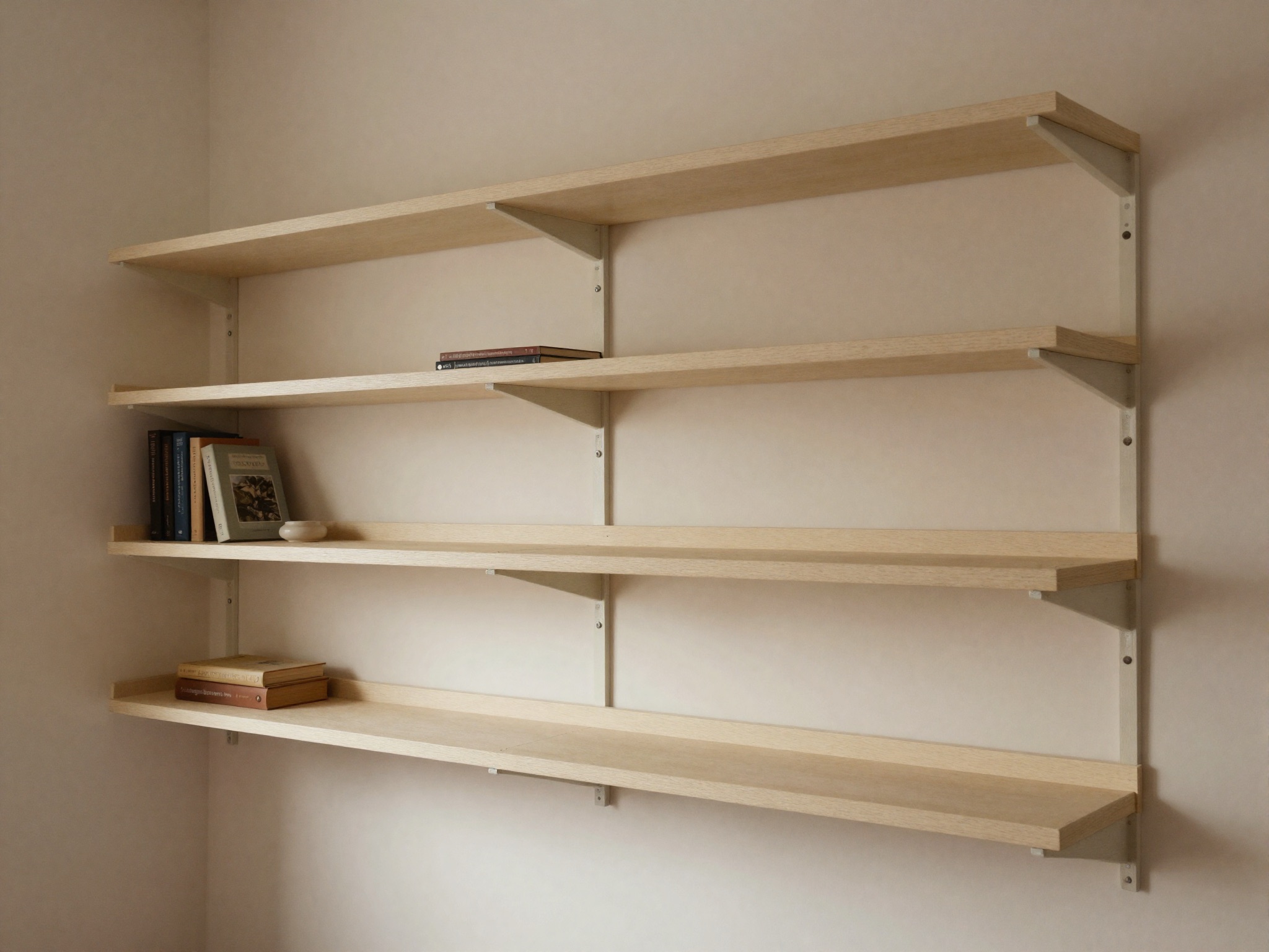 AI-generated illustration: a long run of made-to-measure painted shelves fitted wall to wall with scribed ends.