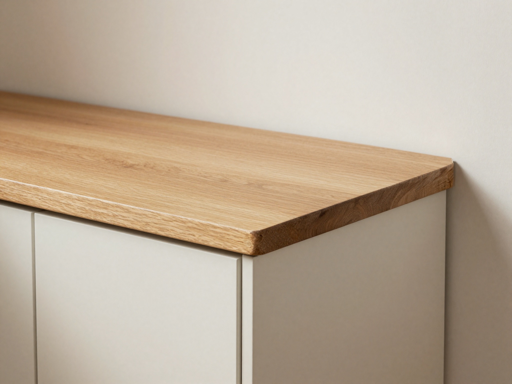 AI-generated illustration: a bespoke oak cabinet top fitted over painted base cupboards, scribed to an uneven wall.