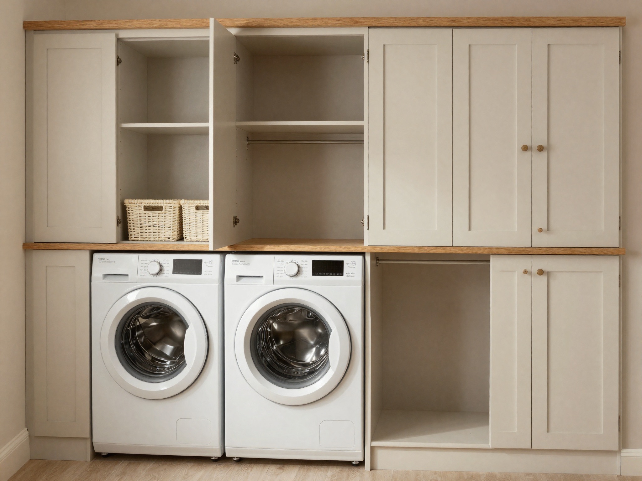 AI-generated illustration: fitted utility storage around washer and dryer with tall cupboards, basket shelf and oak counter.