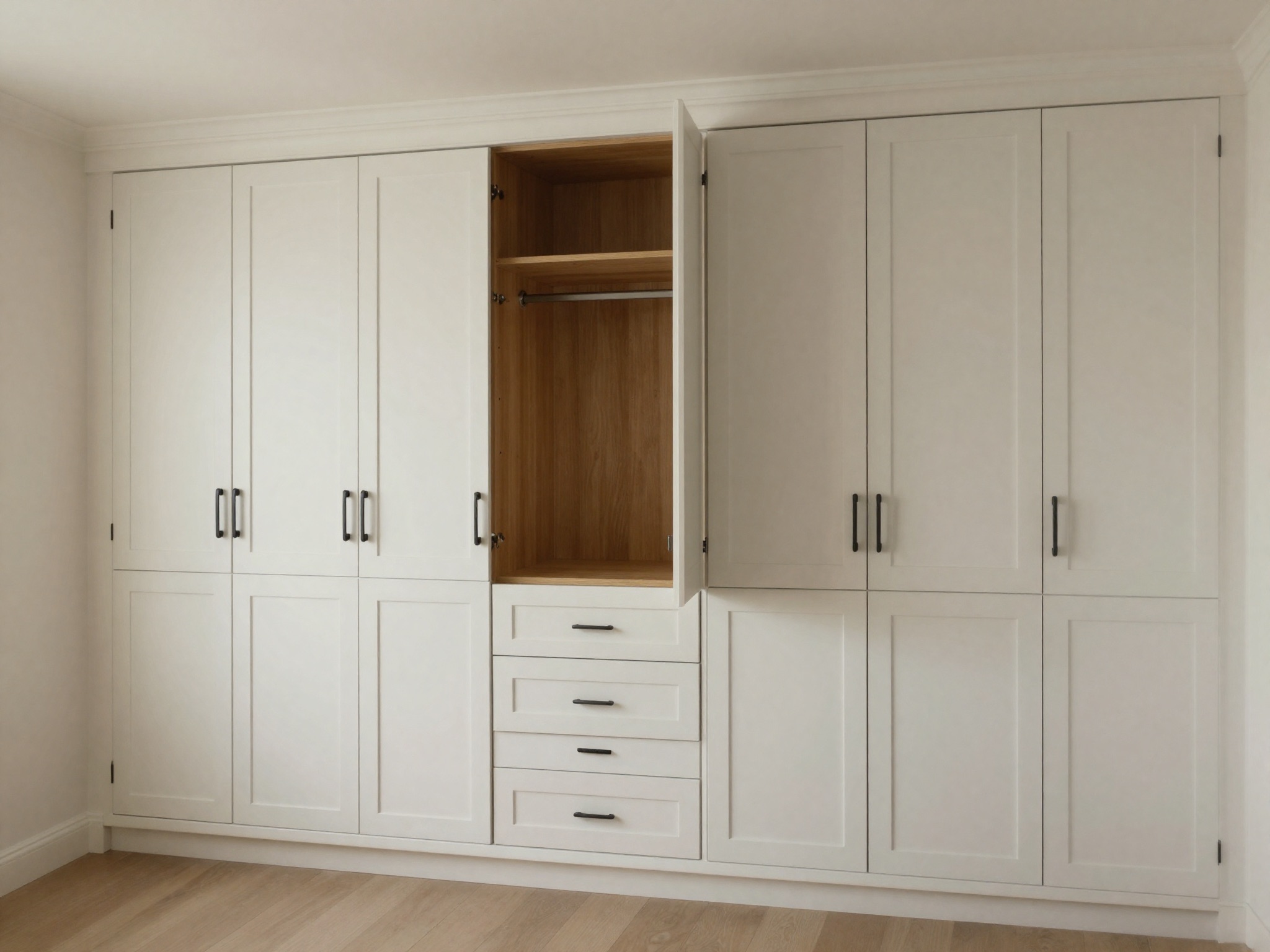 AI-generated illustration: made-to-measure wardrobes with floor-to-ceiling shaker doors, central drawers and one door open to the oak interior.